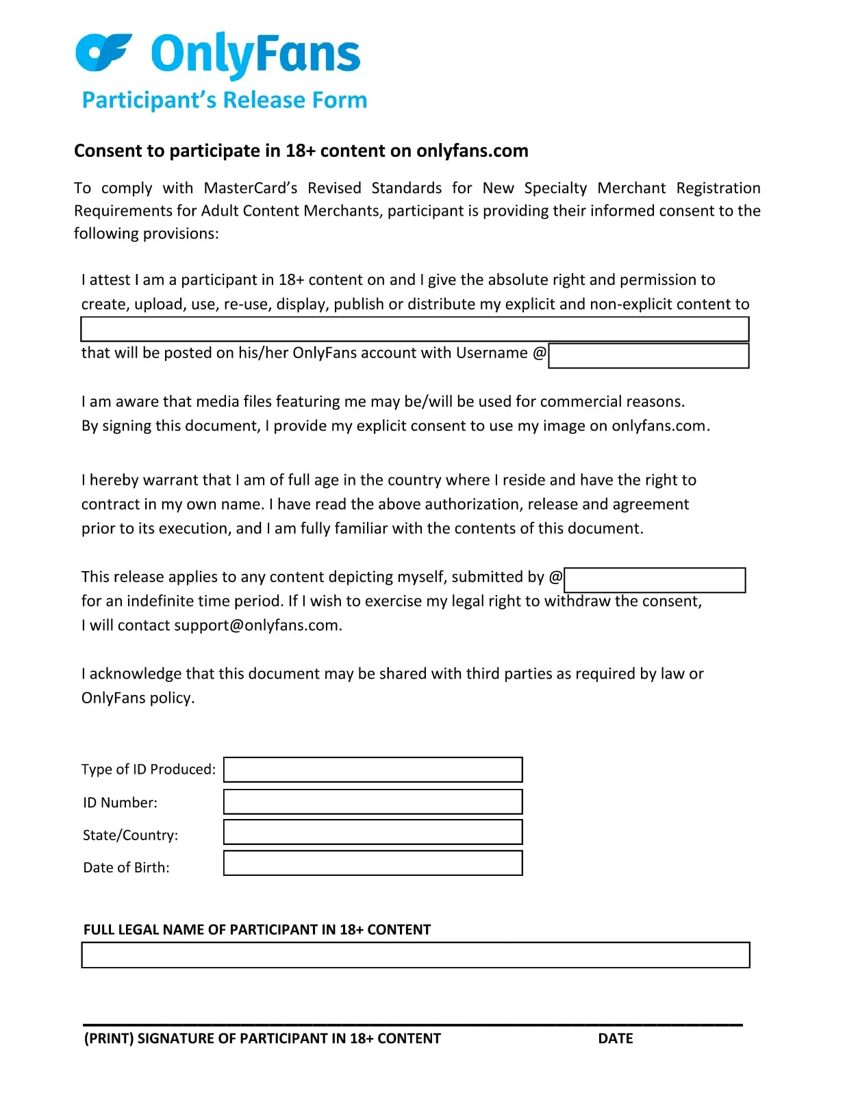 OnlyFans Release Form Document
